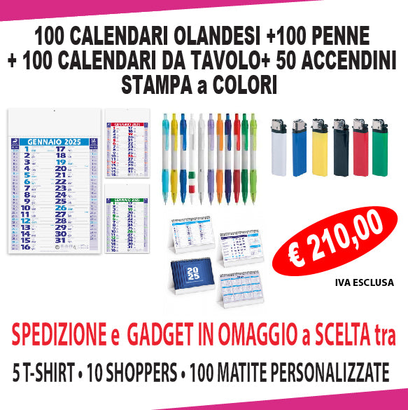 100 CALENDARI+100 PENNE+100 ACCENDINI o 50 APRIBOTTIGLIE